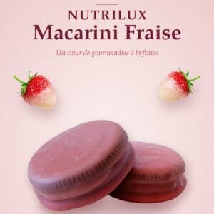 NUTRILUX Macarini Fraise : biscuit macaron fourré fraise nappé de chocolat blanc