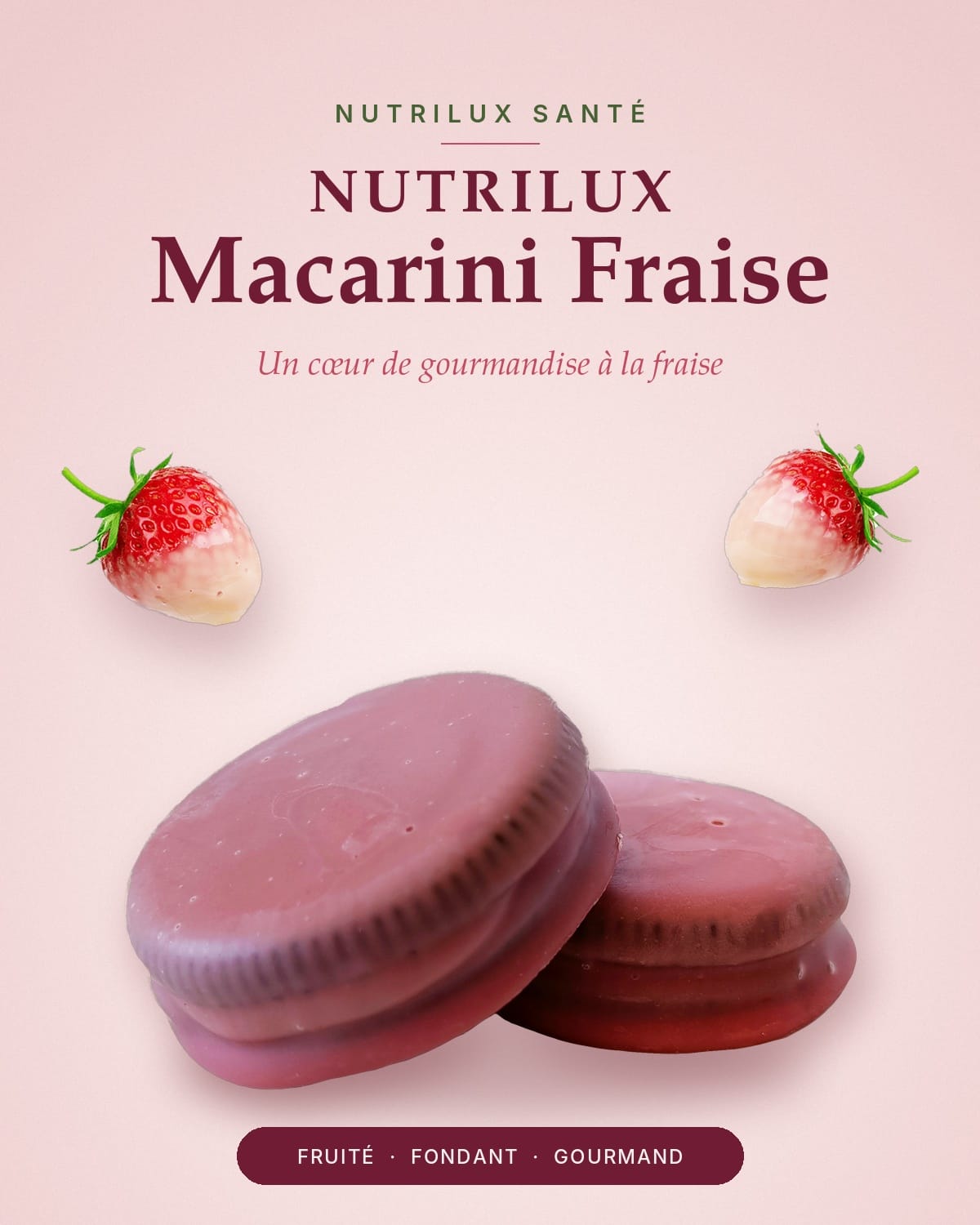 NUTRILUX Macarini Fraise NUTRILUX Macarini Fraise : biscuit macaron fourré fraise nappé de chocolat blanc