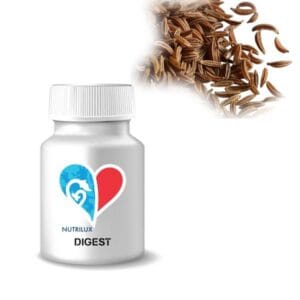 NUTRILUX DIGEST, complément alimentaire à base de graines de carvi, charbon végétal et alpha-galactosidase pour favoriser le confort digestif et réduire les
